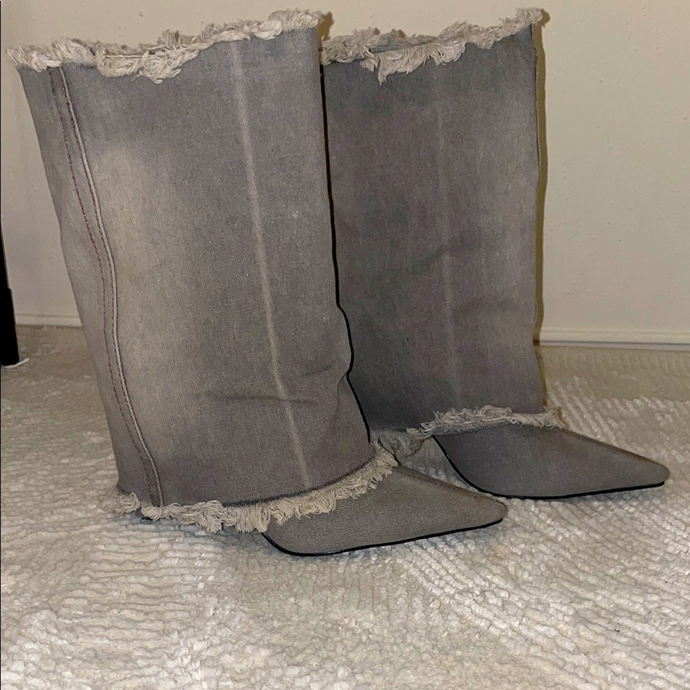 Gray Frayed Denim Boots